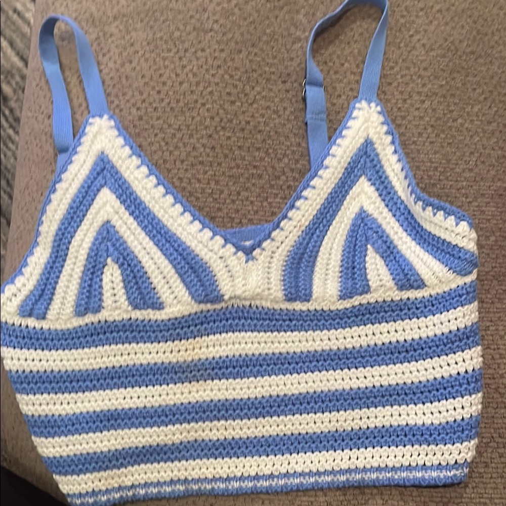 Hollister Blue and White Striped Crochet Bra